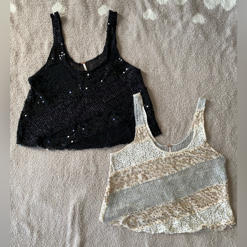 Women’s Free People Medium Black and Cream Sequin tank Bundle Two Pack